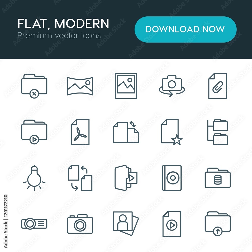 Poster modern simple set of folder, video, photos, files vector outline icons. ..contains such icons as com