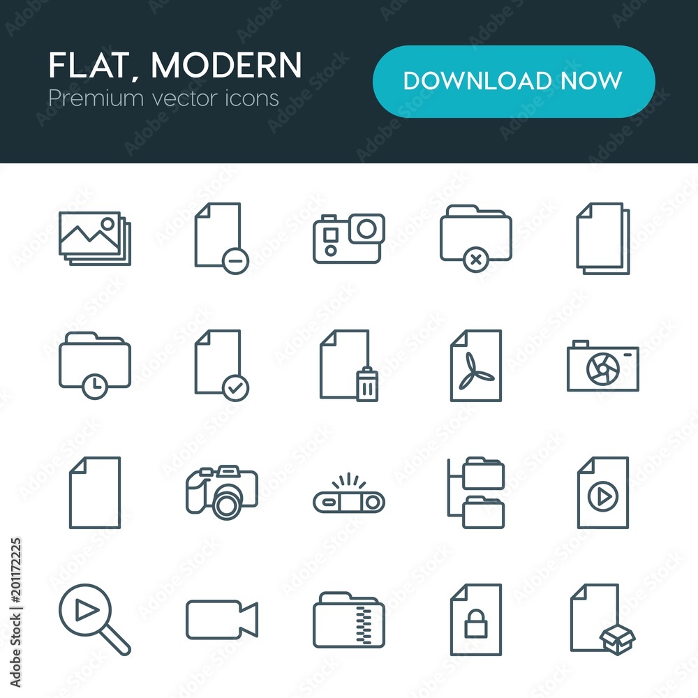 Poster modern simple set of folder, video, photos, files vector outline icons. ..contains such icons as che