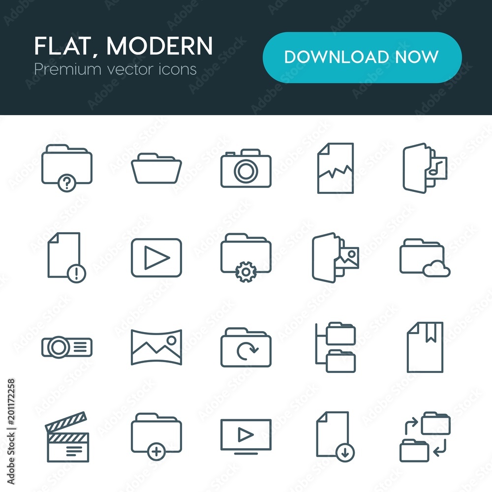 Poster modern simple set of folder, video, photos, files vector outline icons. ..contains such icons as pap
