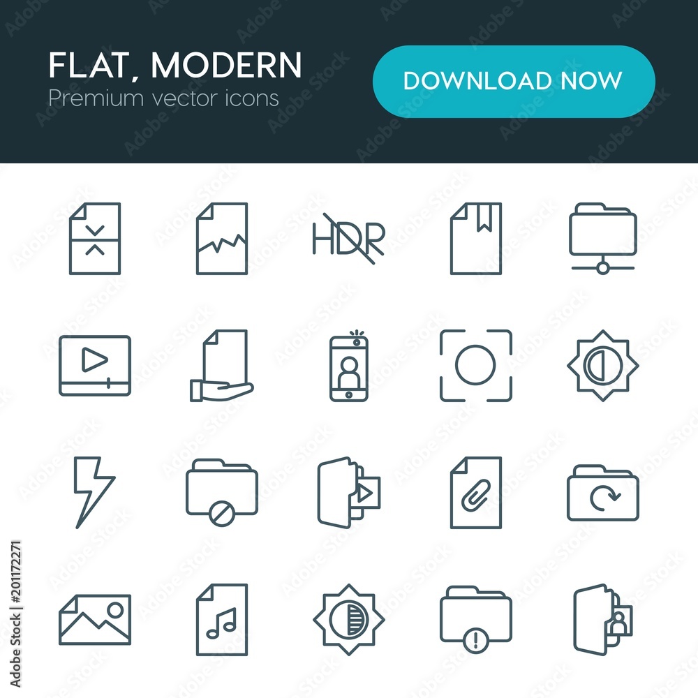 Poster modern simple set of folder, video, photos, files vector outline icons. ..contains such icons as ill
