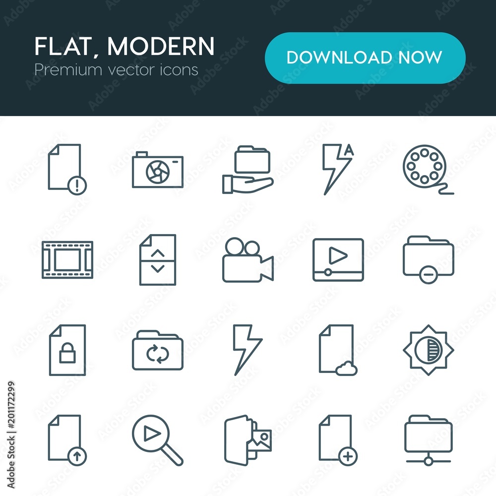 Poster modern simple set of folder, video, photos, files vector outline icons. ..contains such icons as vec