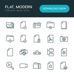 Modern Simple Set of folder, video, photos, files Vector outline Icons. ..Contains such Icons as check,  folder, multimedia,  vector,  media and more on white background. Fully Editable. Pixel Perfect