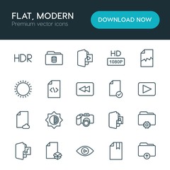 Modern Simple Set of folder, video, photos, files Vector outline Icons. ..Contains such Icons as music,  upload,  architecture,  nature, box and more on white background. Fully Editable. Pixel Perfect