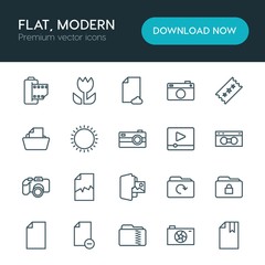 Modern Simple Set of folder, video, photos, files Vector outline Icons. ..Contains such Icons as  nature, folder,  remove,  lens, camera and more on white background. Fully Editable. Pixel Perfect