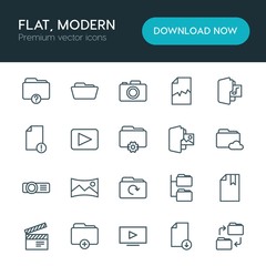 Modern Simple Set of folder, video, photos, files Vector outline Icons. ..Contains such Icons as  paper,  vector,  add,  scenery,  blank and more on white background. Fully Editable. Pixel Perfect