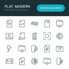 Obraz premium Modern Simple Set of folder, video, photos, files Vector outline Icons. ..Contains such Icons as illustration, document, camera, office and more on white background. Fully Editable. Pixel Perfect