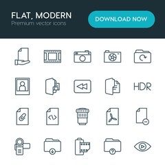 Obraz premium Modern Simple Set of folder, video, photos, files Vector outline Icons. ..Contains such Icons as lens, remove, digital, icon, caption and more on white background. Fully Editable. Pixel Perfect