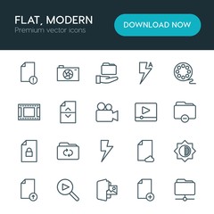 Modern Simple Set of folder, video, photos, files Vector outline Icons. ..Contains such Icons as  vector,  lightning, add,  video,  design and more on white background. Fully Editable. Pixel Perfect