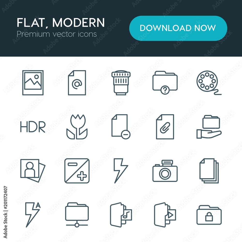 Poster modern simple set of folder, video, photos, files vector outline icons. ..contains such icons as dat