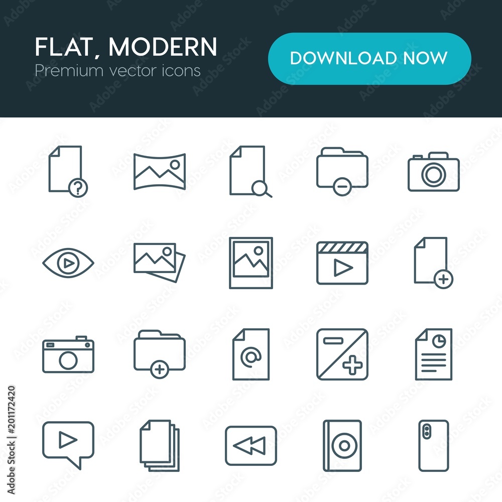 Poster modern simple set of folder, video, photos, files vector outline icons. ..contains such icons as arr