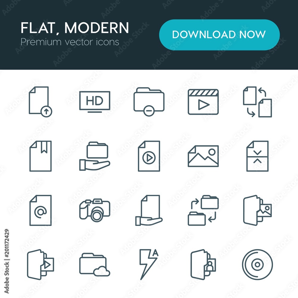 Poster modern simple set of folder, video, photos, files vector outline icons. ..contains such icons as int