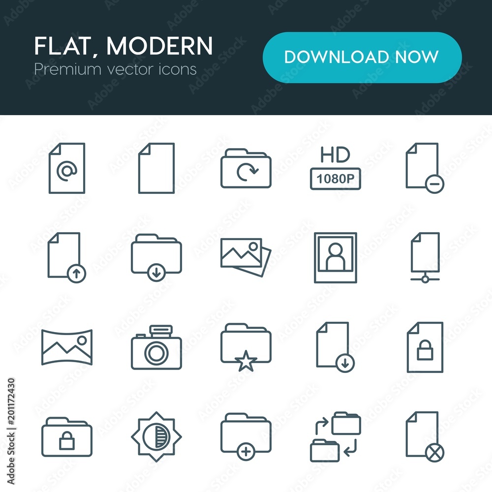 Poster modern simple set of folder, video, photos, files vector outline icons. ..contains such icons as loc