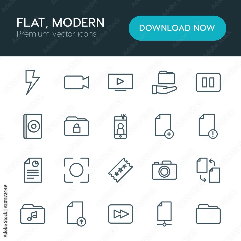 Poster modern simple set of folder, video, photos, files vector outline icons. ..contains such icons as ill