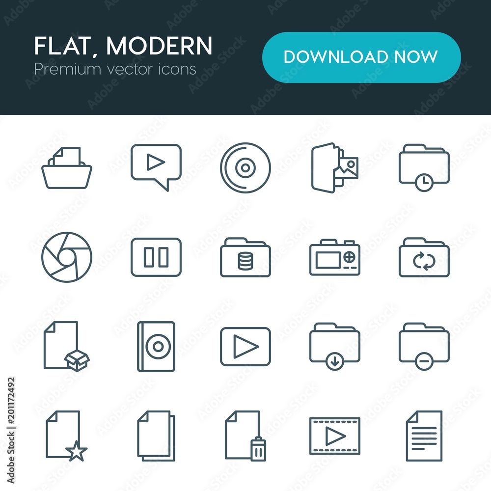 Poster modern simple set of folder, video, photos, files vector outline icons. ..contains such icons as pho