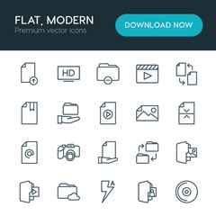 Modern Simple Set of folder, video, photos, files Vector outline Icons. ..Contains such Icons as  internet,  high,  lightning,  copy,  film and more on white background. Fully Editable. Pixel Perfect