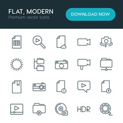 Modern Simple Set of folder, video, photos, files Vector outline Icons. ..Contains such Icons as  music,  entertainment,  theater,  media and more on white background. Fully Editable. Pixel Perfect