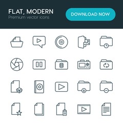 Modern Simple Set of folder, video, photos, files Vector outline Icons. ..Contains such Icons as  phone,  cinema,  office, disc,  cd,  text and more on white background. Fully Editable. Pixel Perfect