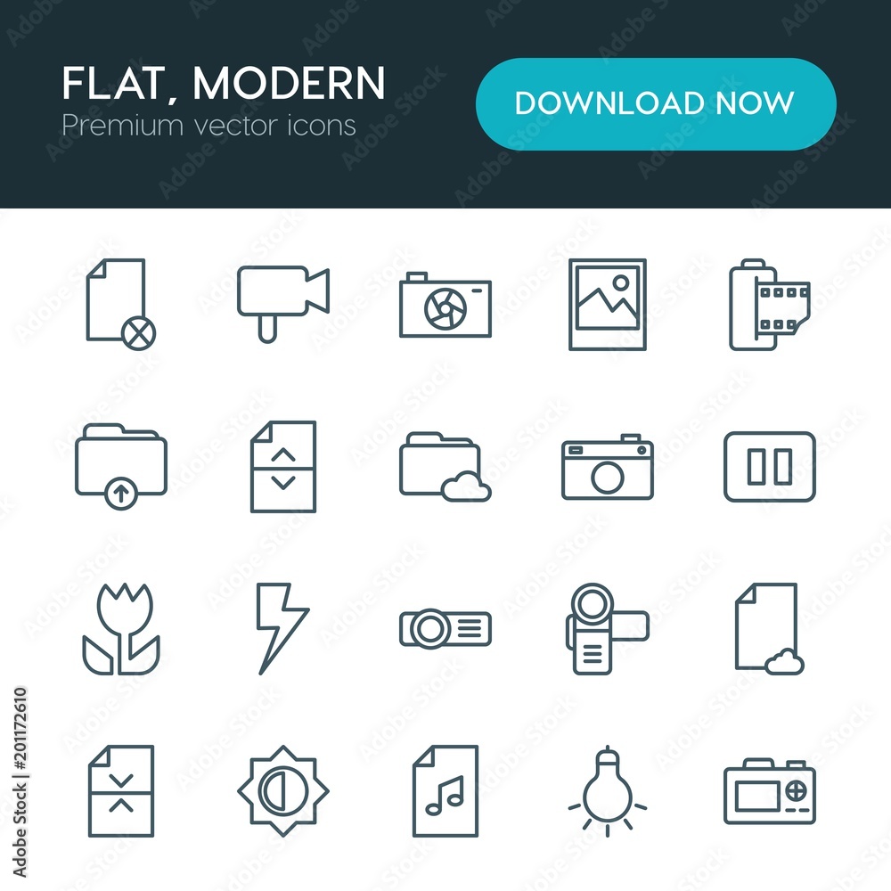 Poster modern simple set of folder, video, photos, files vector outline icons. ..contains such icons as sym
