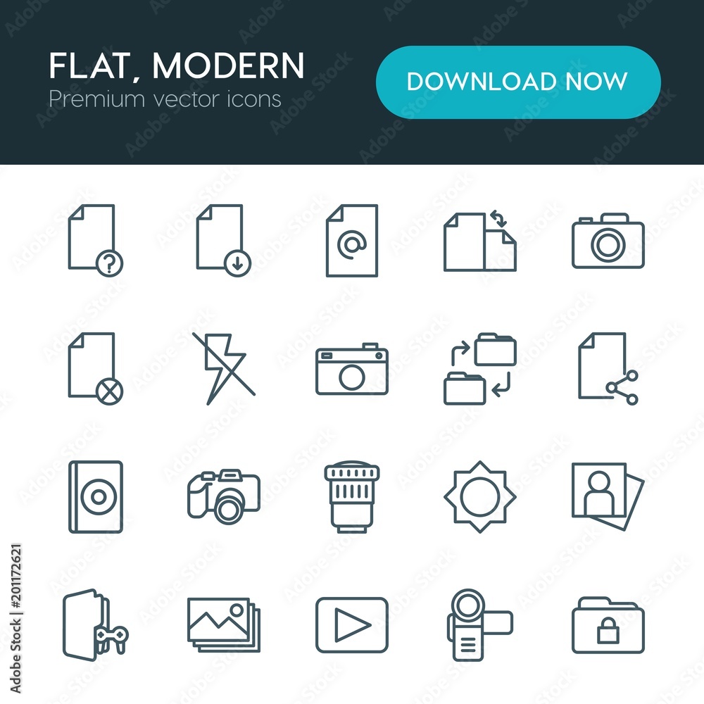 Poster modern simple set of folder, video, photos, files vector outline icons. ..contains such icons as int