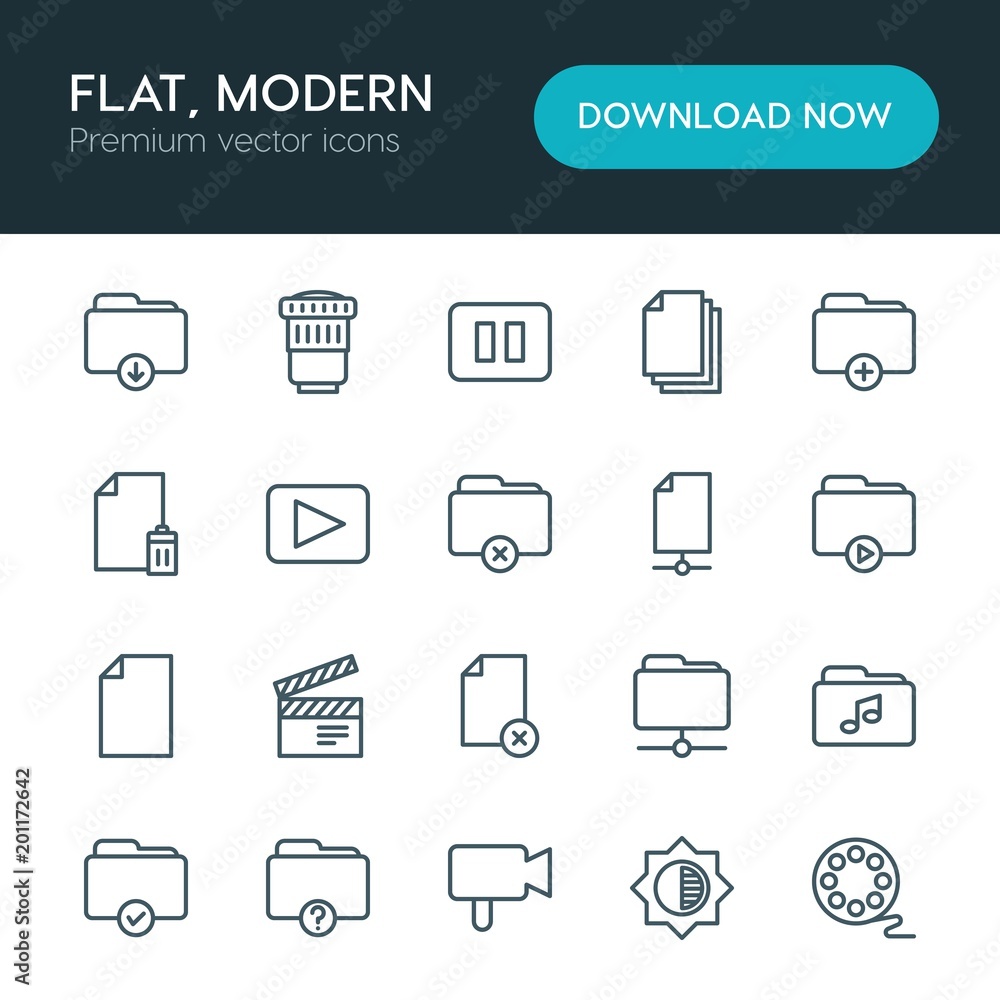 Poster modern simple set of folder, video, photos, files vector outline icons. ..contains such icons as fol