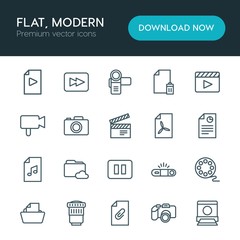 Modern Simple Set of folder, video, photos, files Vector outline Icons. ..Contains such Icons as  photography,  scroll,  delete,  lens, lens and more on white background. Fully Editable. Pixel Perfect