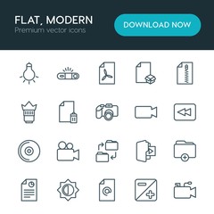 Modern Simple Set of folder, video, photos, files Vector outline Icons. ..Contains such Icons as  dslr,  lamp,  fashion, mail,  file, arrow and more on white background. Fully Editable. Pixel Perfect
