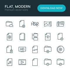 Modern Simple Set of folder, video, photos, files Vector outline Icons. ..Contains such Icons as  high,  television,  cd,  file,  catalog and more on white background. Fully Editable. Pixel Perfect