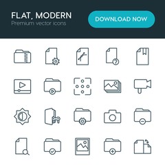 Modern Simple Set of folder, video, photos, files Vector outline Icons. ..Contains such Icons as camera,  media,  game,  camera, file, image and more on white background. Fully Editable. Pixel Perfect