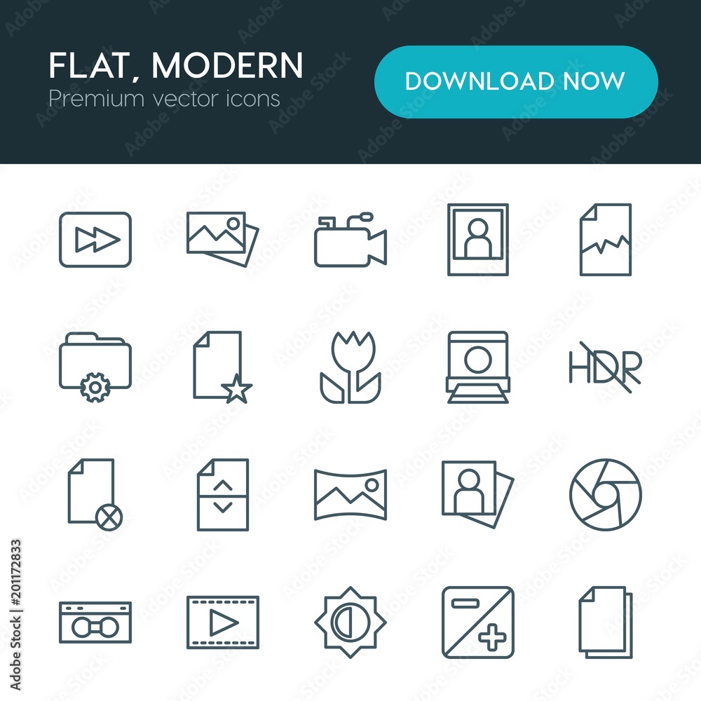 Poster modern simple set of folder, video, photos, files vector outline icons. ..contains such icons as doc