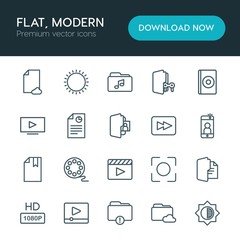 Modern Simple Set of folder, video, photos, files Vector outline Icons. ..Contains such Icons as  space,  media, sunny,  nature, hd,  symbol and more on white background. Fully Editable. Pixel Perfect