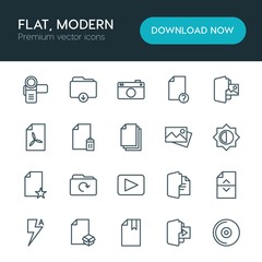 Modern Simple Set of folder, video, photos, files Vector outline Icons. ..Contains such Icons as  photography, office,  secret,  hand,  web and more on white background. Fully Editable. Pixel Perfect