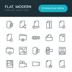 Modern Simple Set of folder, video, photos, files Vector outline Icons. ..Contains such Icons as  photo, projector, internet,  book,  error and more on white background. Fully Editable. Pixel Perfect