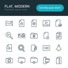 Modern Simple Set of folder, video, photos, files Vector outline Icons. ..Contains such Icons as  cinema,  data,  film,  old,  vintage,  add and more on white background. Fully Editable. Pixel Perfect
