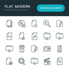 Modern Simple Set of folder, video, photos, files Vector outline Icons. ..Contains such Icons as  video,  dslr,  file,  photography,  camera and more on white background. Fully Editable. Pixel Perfect