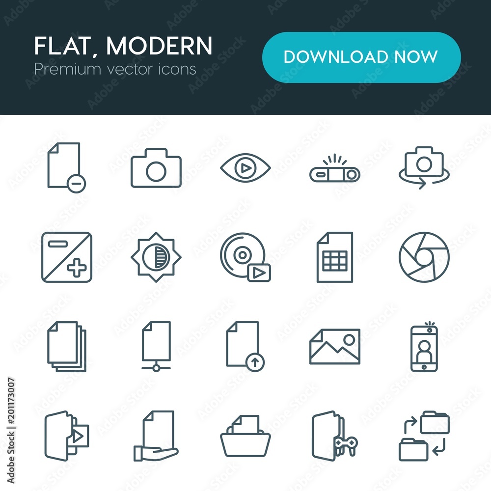 Poster modern simple set of folder, video, photos, files vector outline icons. ..contains such icons as mob