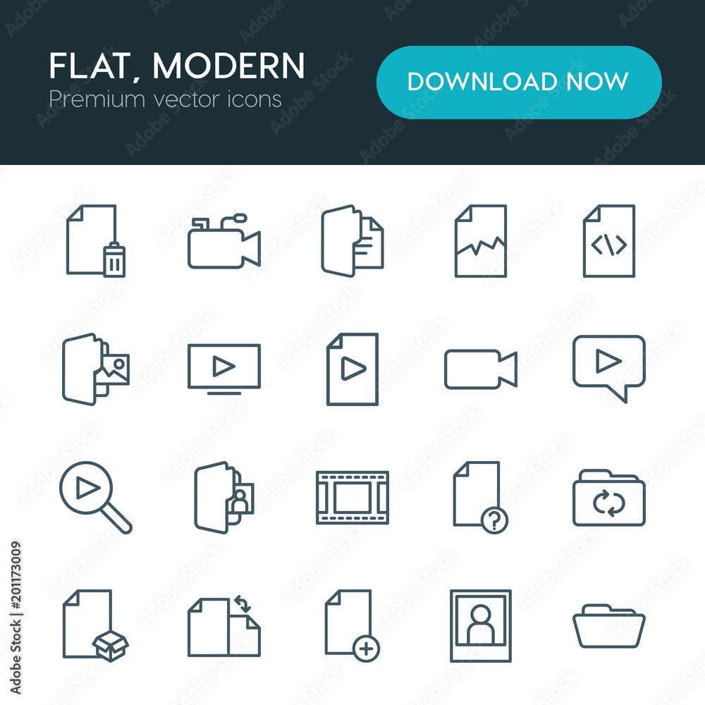 Poster modern simple set of folder, video, photos, files vector outline icons. ..contains such icons as mod