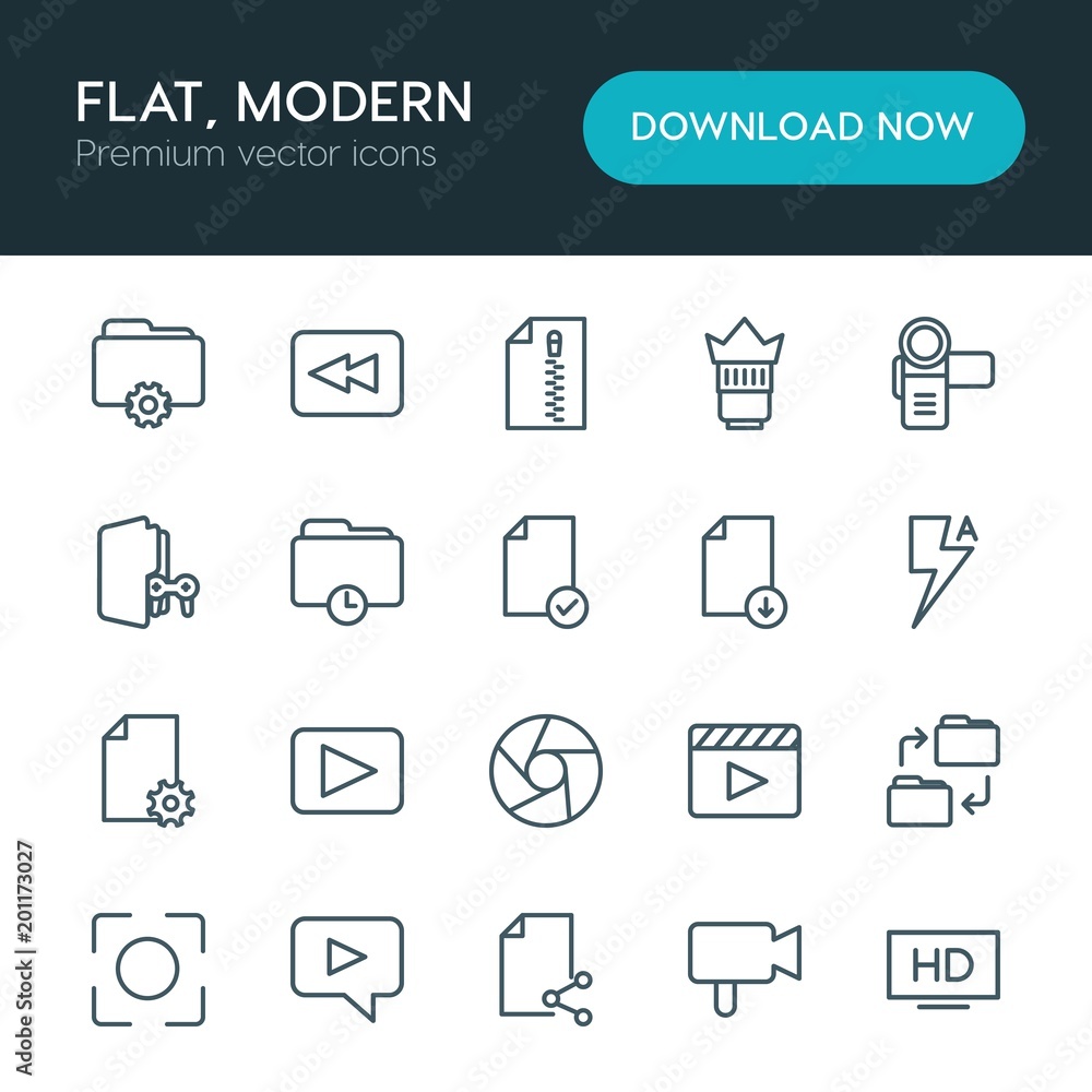 Poster modern simple set of folder, video, photos, files vector outline icons. ..contains such icons as vec