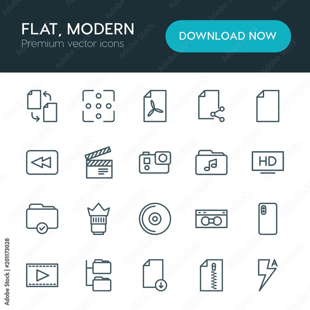 Poster modern simple set of folder, video, photos, files vector outline icons. ..contains such icons as pap