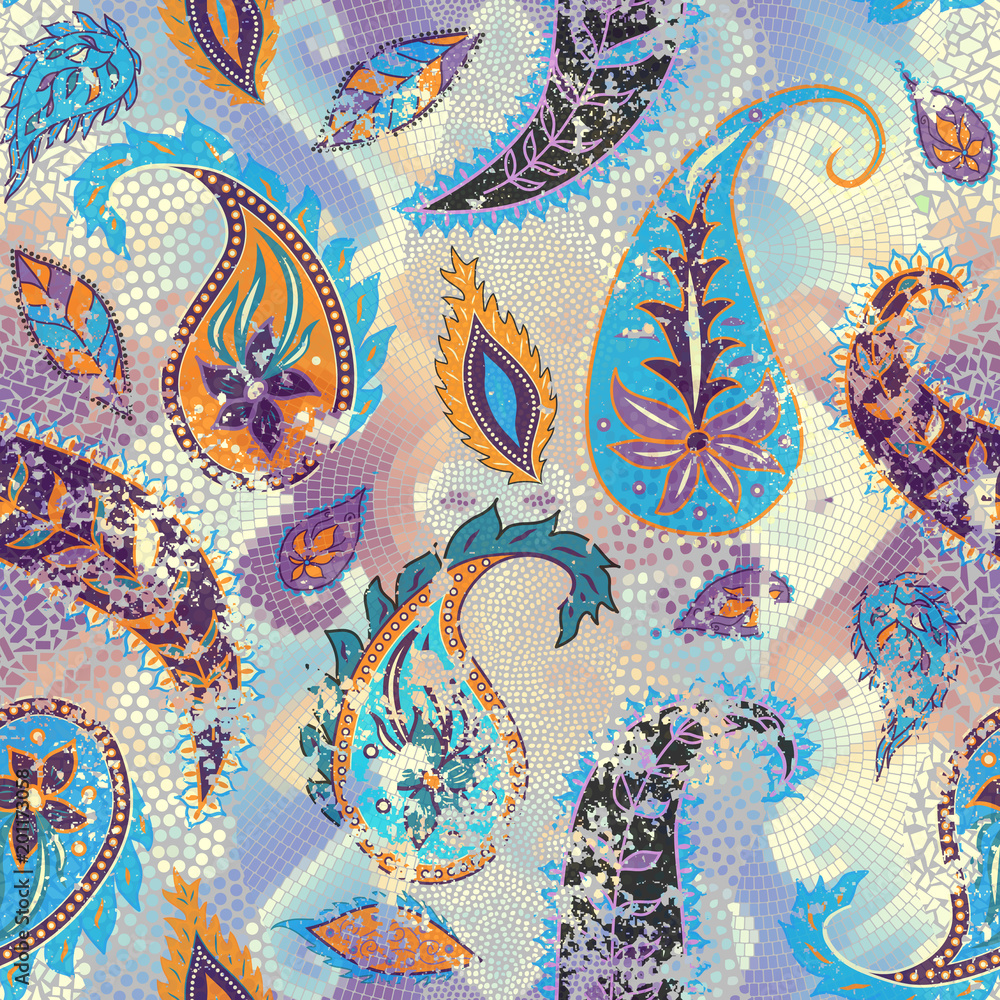 Poster pattern based on decorative elements paisley. seamless pattern in retro grunge indian style.