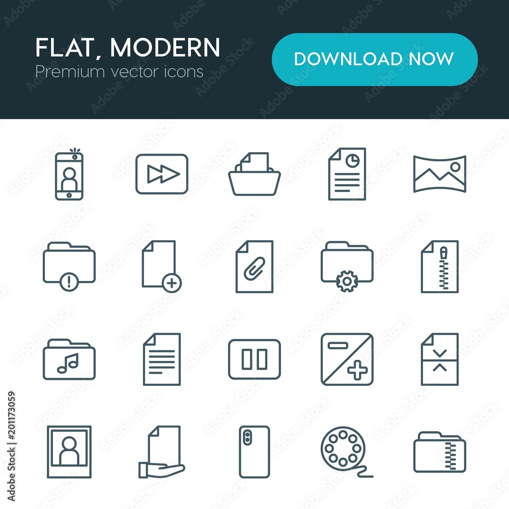 Poster modern simple set of folder, video, photos, files vector outline icons. ..contains such icons as bac