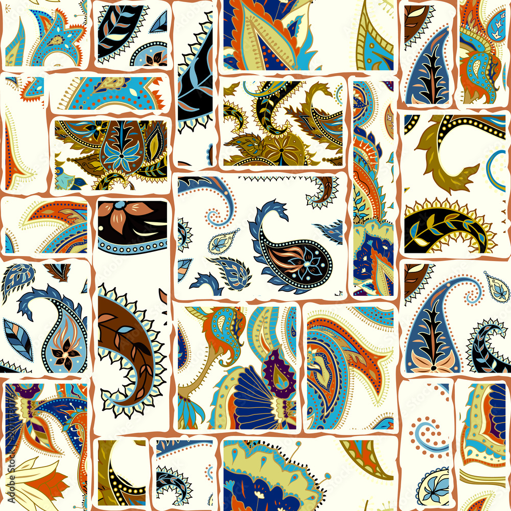 Poster Seamless background pattern. Patchwork pattern with Paisley ornament patterns. Ethnic indian style.