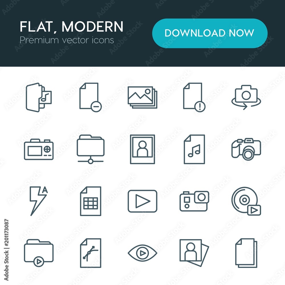 Poster modern simple set of folder, video, photos, files vector outline icons. ..contains such icons as rot