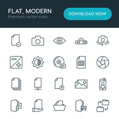 Modern Simple Set of folder, video, photos, files Vector outline Icons. ..Contains such Icons as  mobile,  delete,  symbol,  movie,  lens and more on white background. Fully Editable. Pixel Perfect