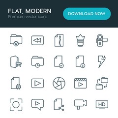 Modern Simple Set of folder, video, photos, files Vector outline Icons. ..Contains such Icons as  vector,  paper,  rewind,  zip,  caption and more on white background. Fully Editable. Pixel Perfect