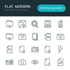 Modern Simple Set of folder, video, photos, files Vector outline Icons. ..Contains such Icons as  design, folder,  theater,  photography and more on white background. Fully Editable. Pixel Perfect