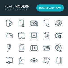 Modern Simple Set of folder, video, photos, files Vector outline Icons. ..Contains such Icons as  rotate, music,  design, file, network,  cd and more on white background. Fully Editable. Pixel Perfect