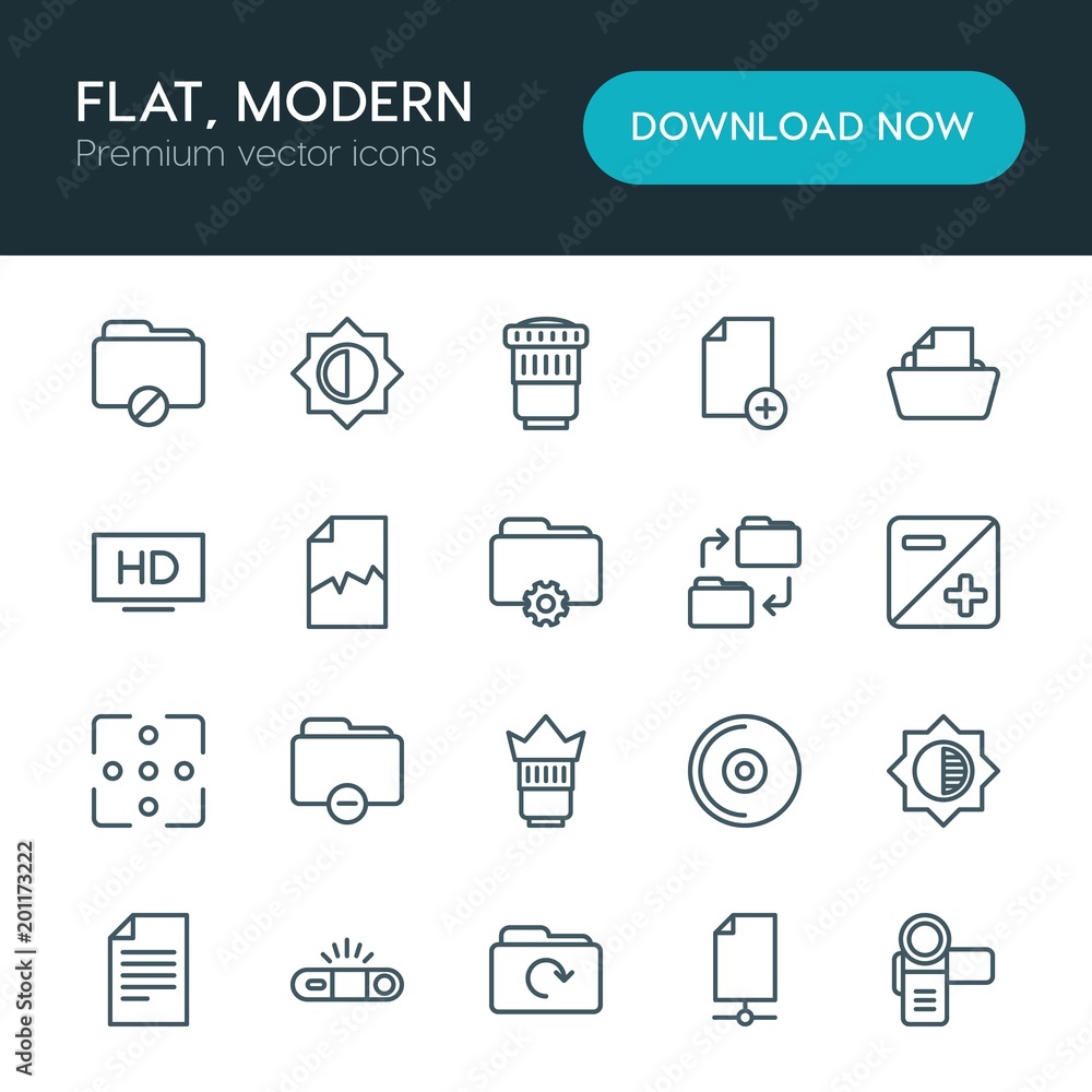 Poster modern simple set of folder, video, photos, files vector outline icons. ..contains such icons as dis