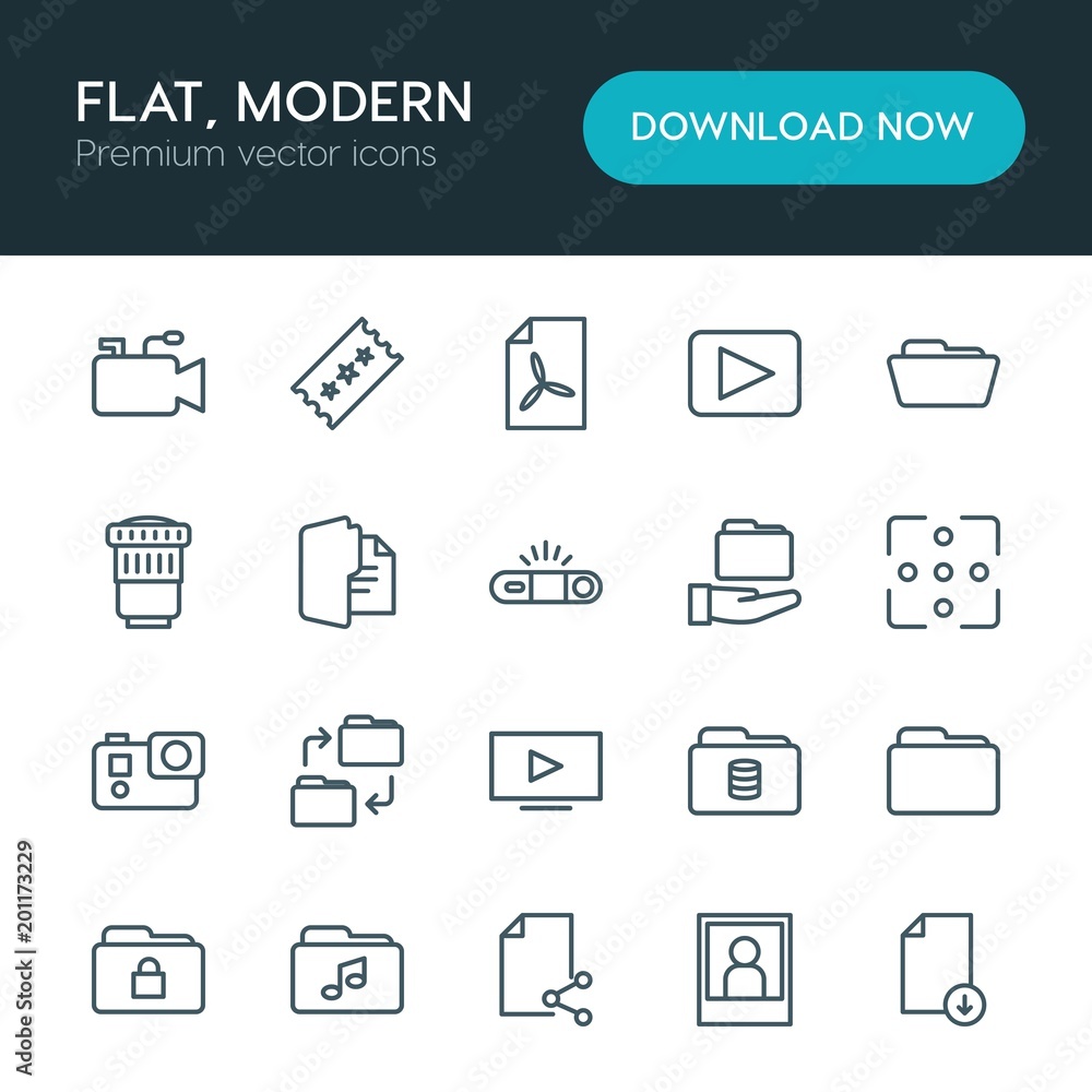 Poster modern simple set of folder, video, photos, files vector outline icons. ..contains such icons as bla