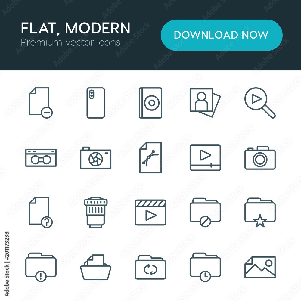 Poster modern simple set of folder, video, photos, files vector outline icons. ..contains such icons as vid