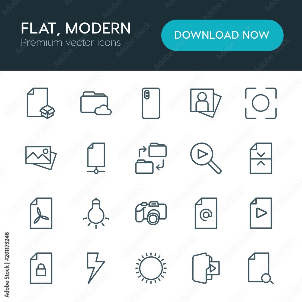 Poster modern simple set of folder, video, photos, files vector outline icons. ..contains such icons as tec